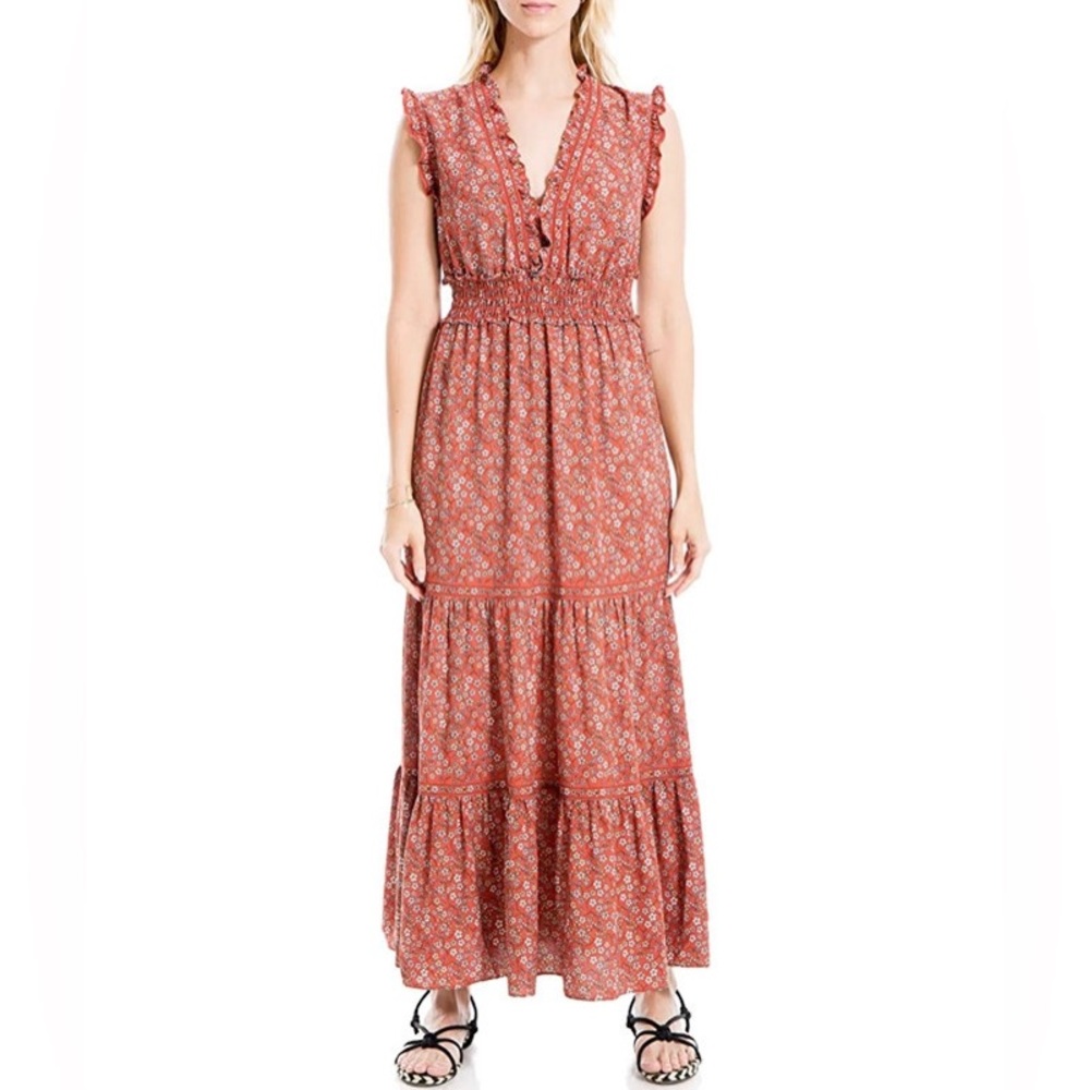 Max Studio Crepe Sleeveless Ruffle Neck Tiered Maxi Dress